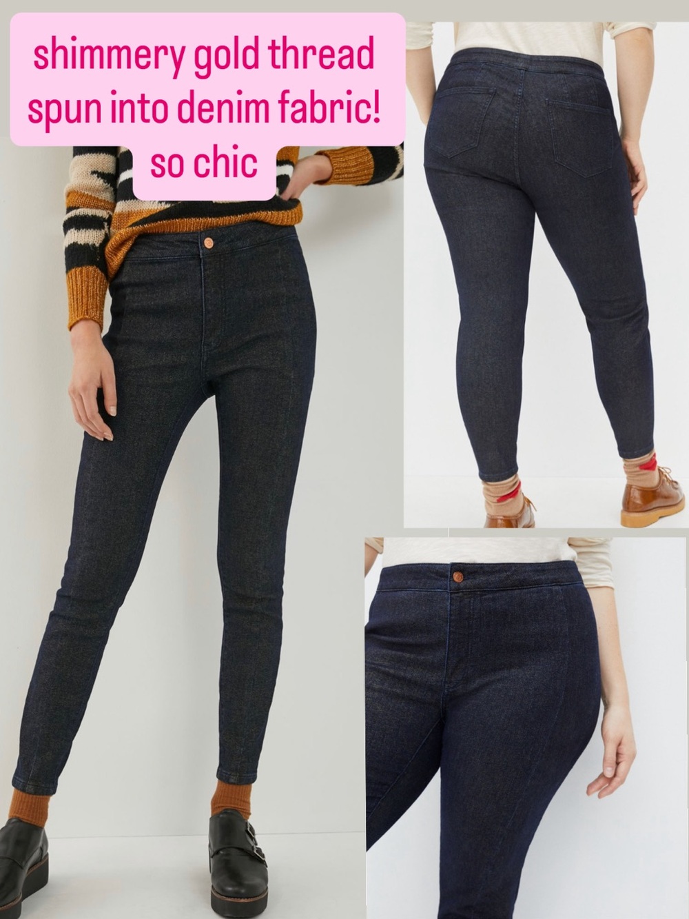 NWT! Gold threaded dark indigo denim High-Rise Shimmery Jeans by Anthropologie